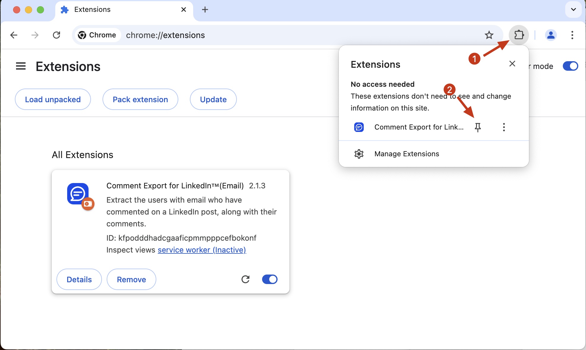 LinkedIn Comment Exporter chrome extension install pin